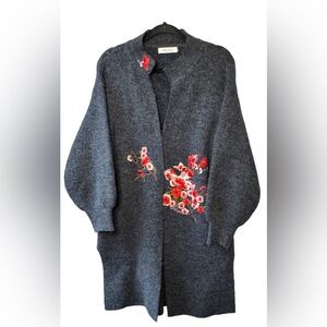 Simply Couture Floral Embroidered Charcoal Cardigan. Size Large. Great Condition